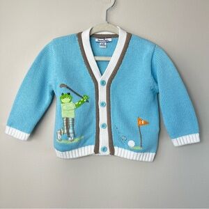 Hartstrings Baby 6-9M Cute Blue Golfing Frog Sweater Knit Cardigan Embroidered